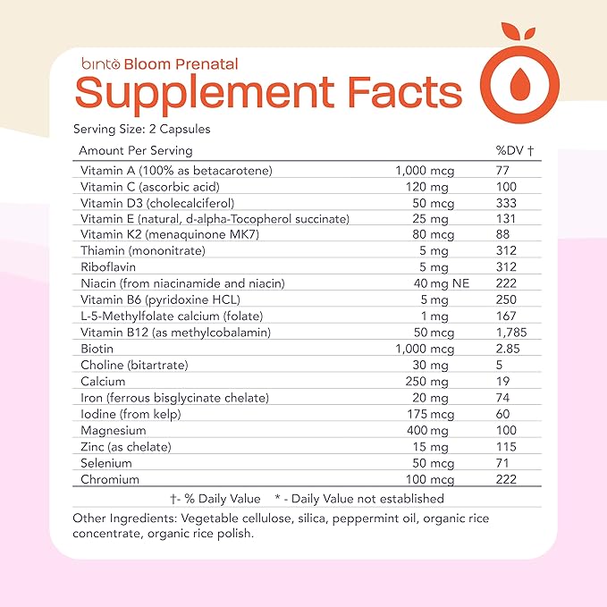Binto Bloom Prenatal Supplements - Support Healthy Mom & Baby - 30 Day Supply - Multivitamin with Iron, Methylated Folate, Folic Acid - Non-GMO, Gluten Free, Vegetarian, No Preservatives
