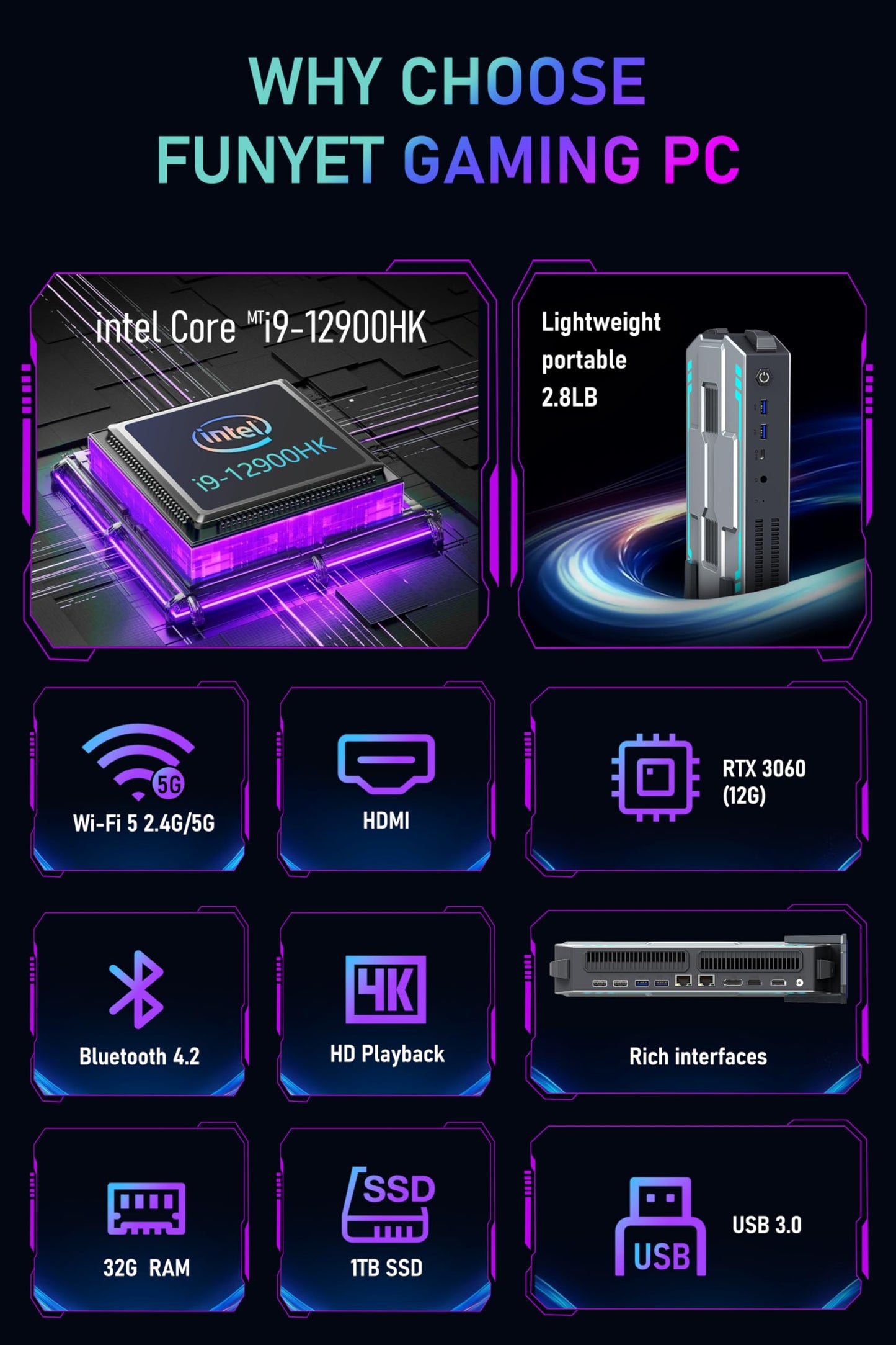 FUNYET Mini PC Gaming PC,Desktop Computer,Intel i9-12900HK Processor 14 Cores 20 Threads (up to 5GHz),RTX 3060 12G Mini Tower Computer,32GB RAM 1TB SSD,Support 4K Display, Dual LAN,WiFi 5,BT 4.2,RGB