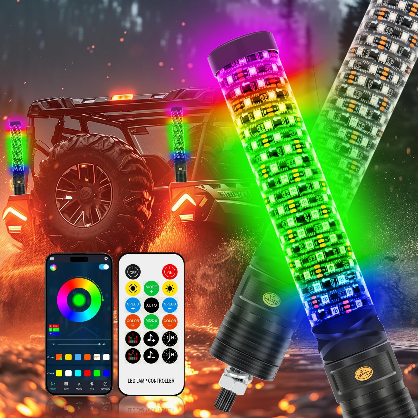 DEERMOTO 2PCS 1FT Fat Whip Light Spiral RGB LED Whip Lights with APP&Remote Control,Chasing Lighted Antenna Whips for UTV ATV Can-Am X3 RZR Can-Am Polaris Buggy Jeep Offroad Truck (1ft)