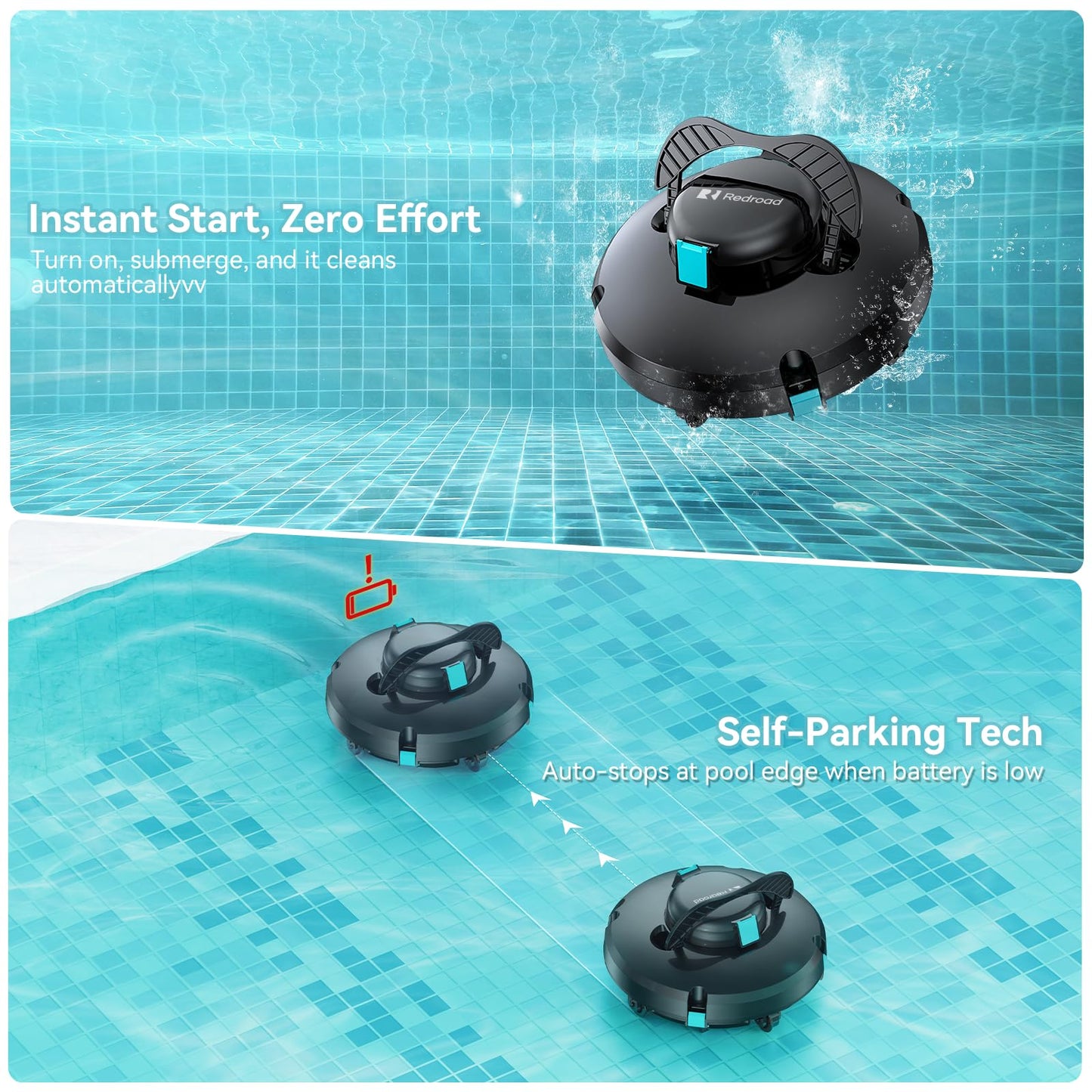 Redroad S1 Cordless Pool Vacuum Robot, Pool Vacuum Lasts 130 Mins, Self-Parking, Ideal for Above/In-Ground Flat Pools up to 1100 sq.ft, Maximum Climbing Angle 18 Degrees