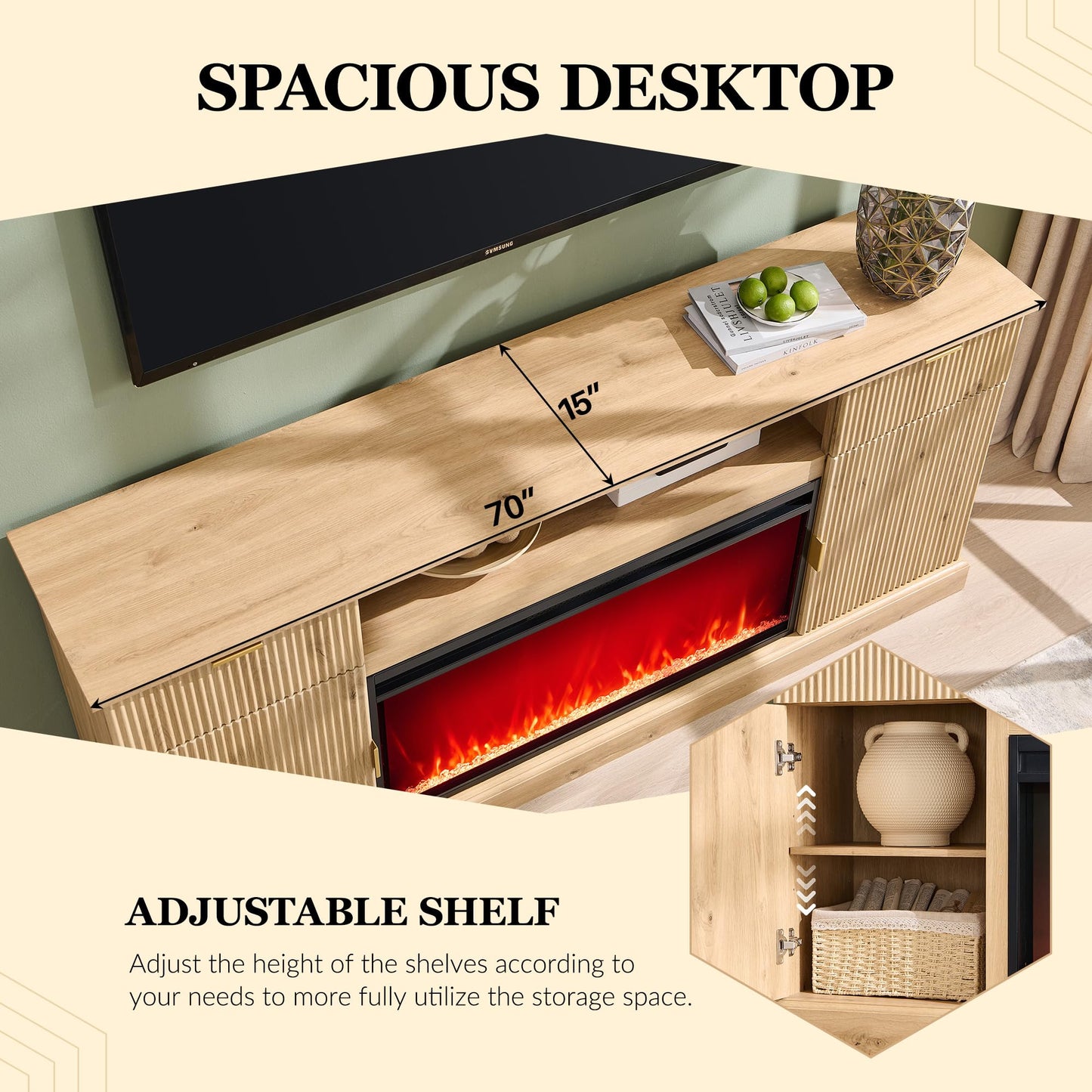 IFGET Fluted Fireplace TV Stand for TVs Up to 80 inch, Modern Entertainment Center with 36" Electric Fireplace, Wood Media Console w/Drawers and Adjustable Shelves for Living Room, Natural