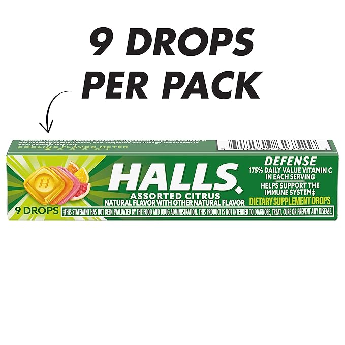 HALLS Defense Assorted Citrus Vitamin C Drops, 20 Sticks of 9 Drops (180 Total Drops)