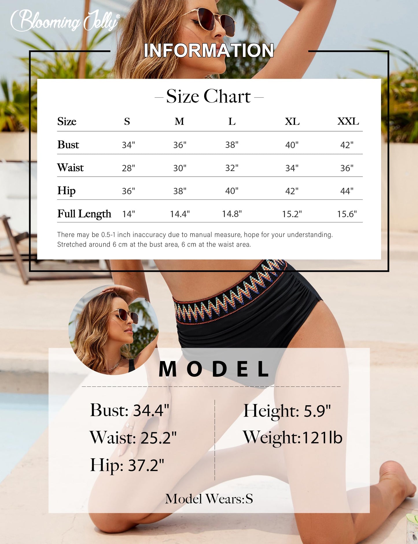 Blooming Jelly Women High Waisted Bikini Sets V Neck Tummy Control Swimsuits Color Block Two Piece Bathing Suit(L, Black)