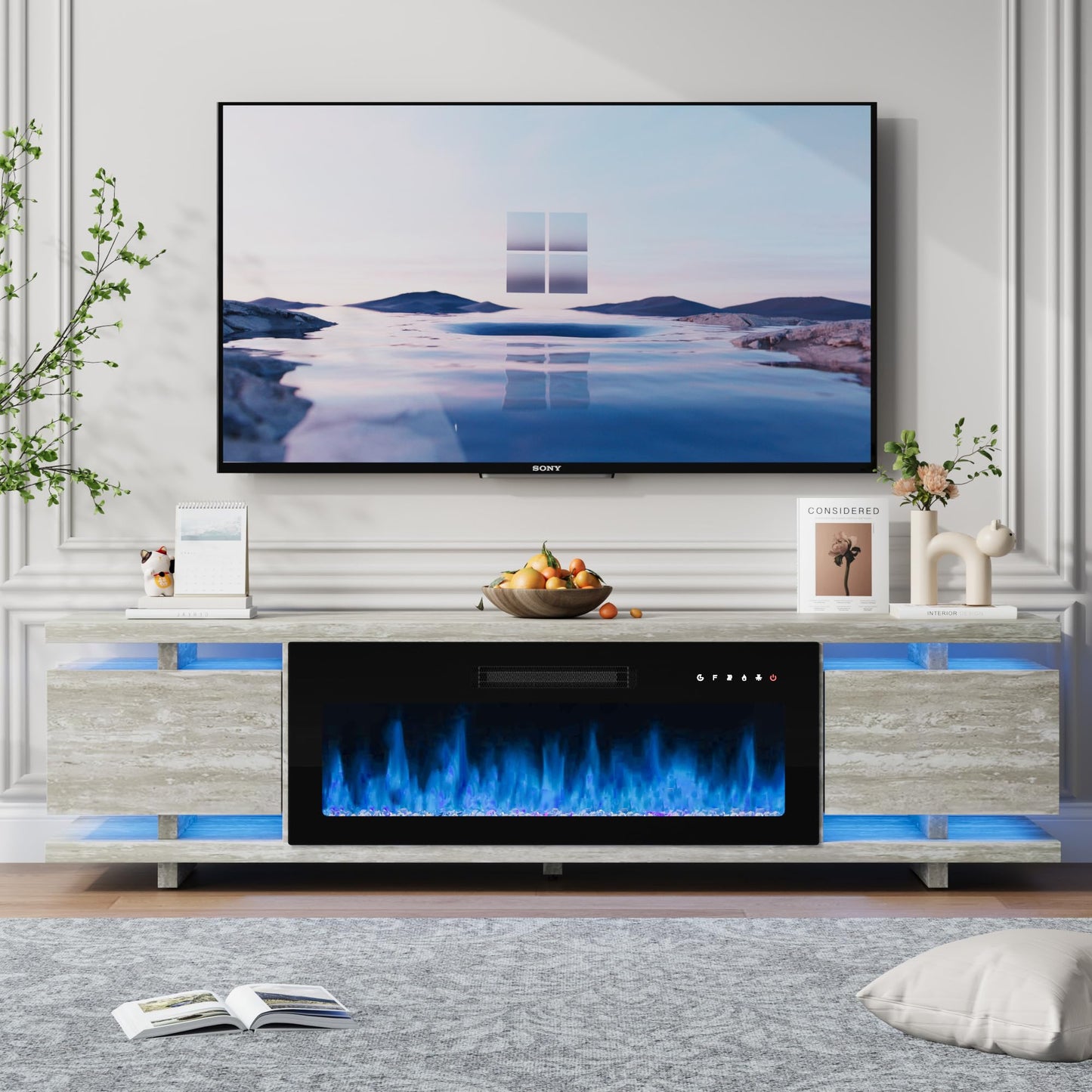 Rresyet Fireplace TV Stand with 36" Electric Fireplace, LED Light Entertainment Center, TV Cabinet for TVs Up to 80", Modern Marble Textured Storage Cabinet, TV Console for Living Room (Travertine)