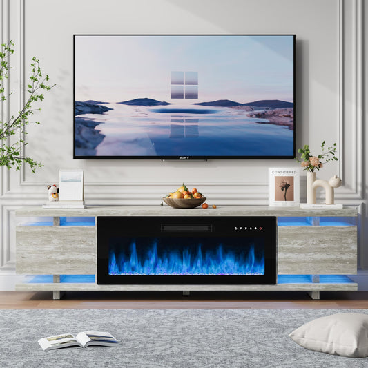 Rresyet Fireplace TV Stand with 36" Electric Fireplace, LED Light Entertainment Center, TV Cabinet for TVs Up to 80", Modern Marble Textured Storage Cabinet, TV Console for Living Room (Travertine)