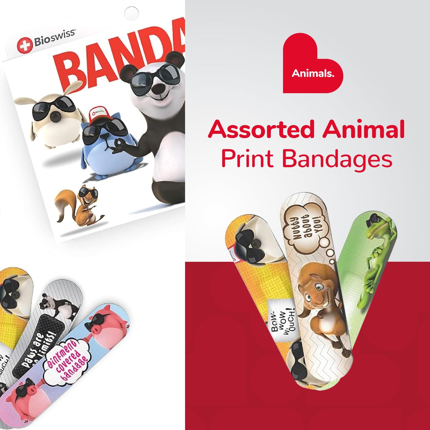 BioSwiss Bandages, Assorted Animal Shaped Variety Self Adhesive Bandage, Latex Free Sterile Wound Care for Kids and Adults, 100 Count