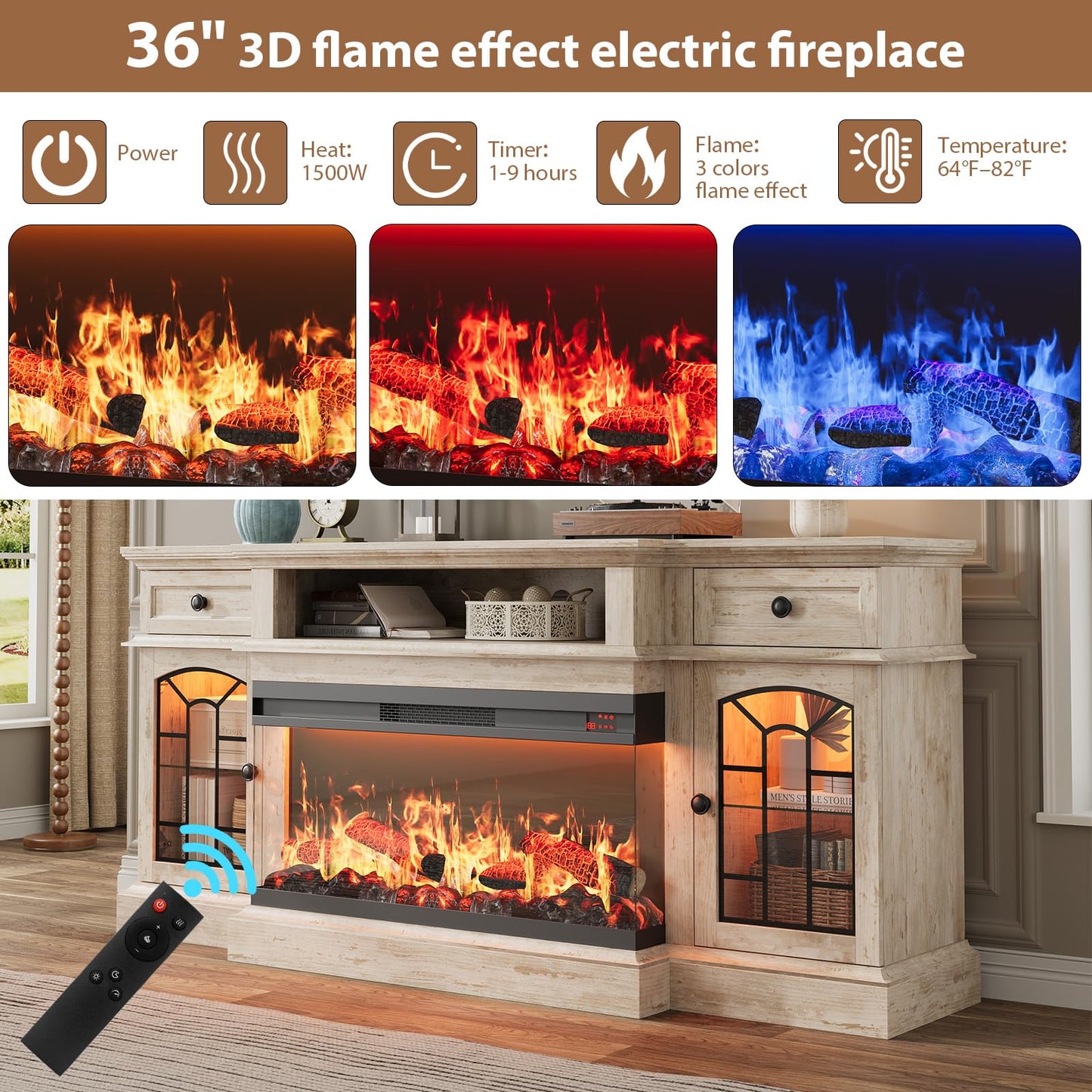 QUW 70" Farmhouse Fireplace TV Stand for TVs up to 80", Entertainment Center with 36" 3-Side Glass Electric Fireplace with Open Shelf and Cabinet, TV Console for Living Room, Antique Brush Grey