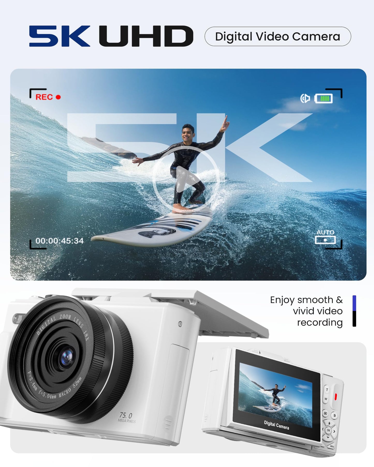 5K Digital Camera for Photography - 75MP Autofocus Vlogging Camera for YouTube with 64GB SD Card, WiFi, 18X Zoom 3" 180° Flip Screen Compact Travel Camera with 2 Batteries for Teens and Beginner