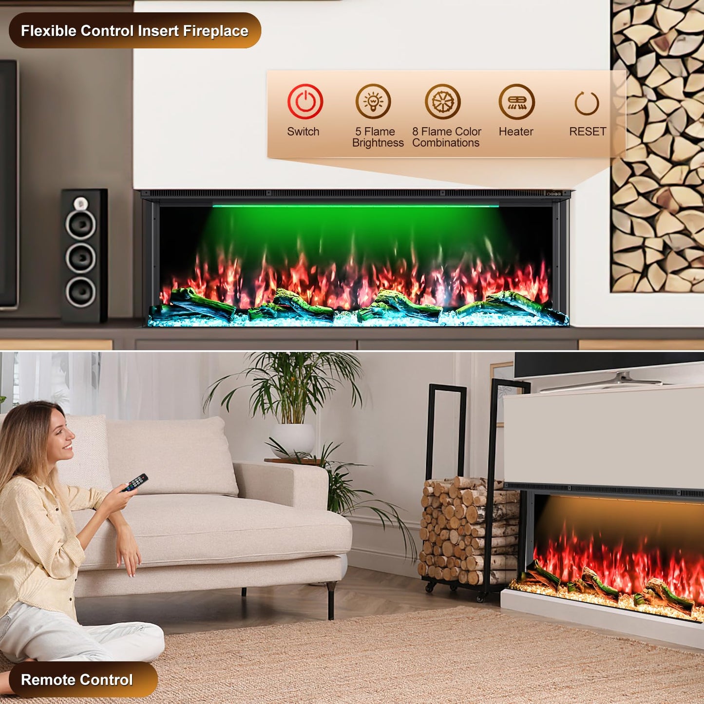 3 Sided Electric Fireplace, 60 inch Smart WiFi Fireplace Inserts, Mounted Eletric Fire Place Heater with 251 RGB LED Flame Colors, Remote Control, Log, Crystals, Black