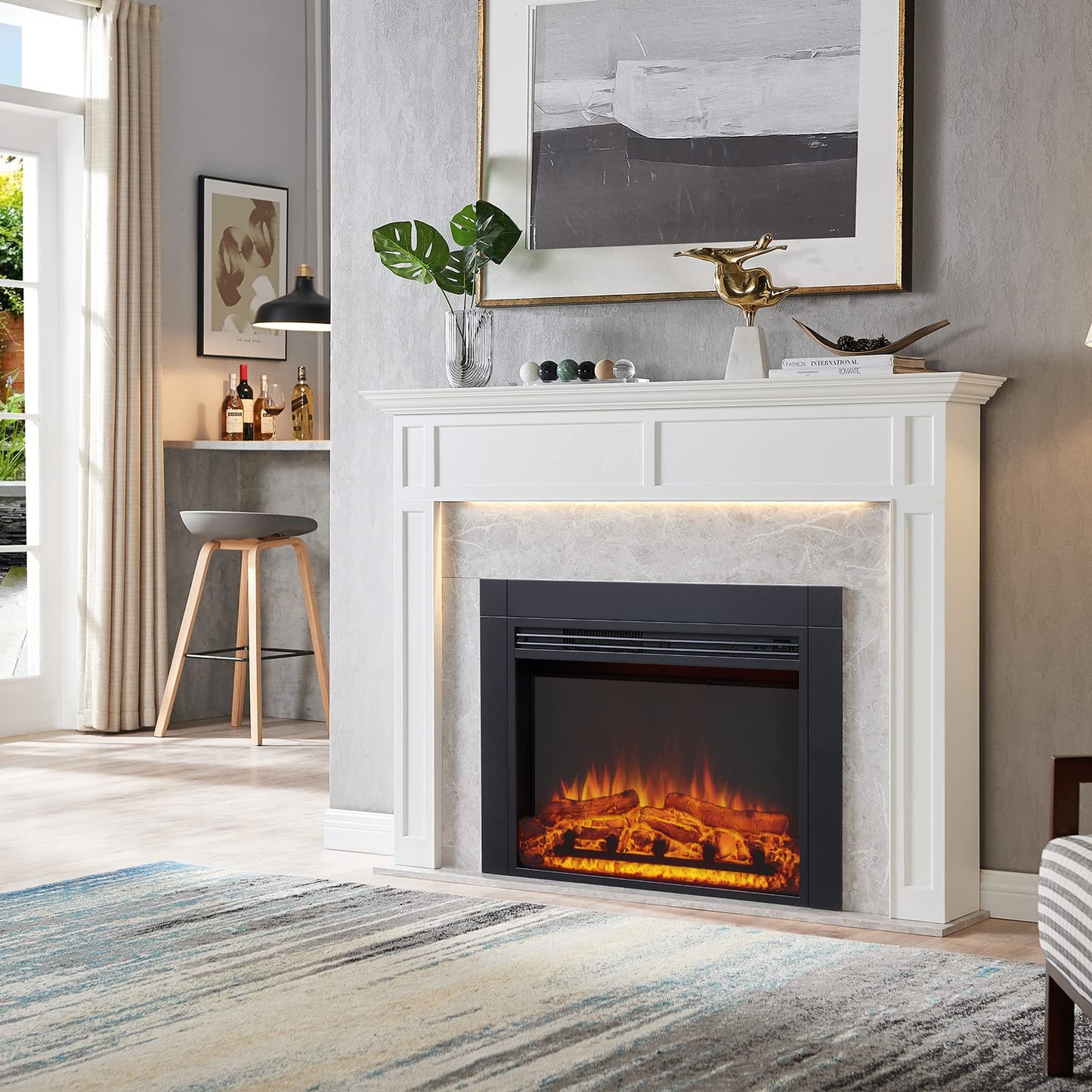 LegendFlame® Ashley Electric Fireplace with 60" Mantel Surround and Jaden 36" Insert, Cream White with Light Grey Marble Finish