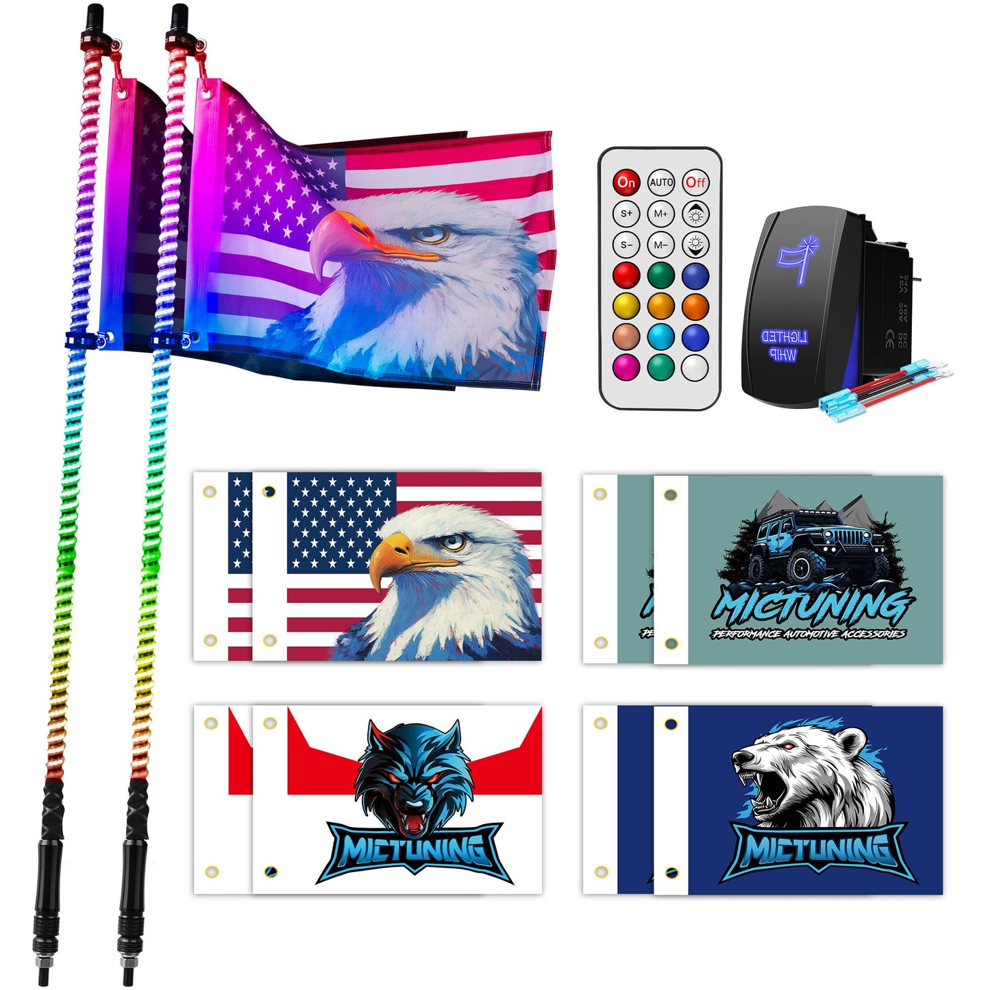 MICTUNING 2 Pack 4ft COB Whip Lights 360° Spring Base with 8 Flags, Remote Control, Rocker Switch RGB+IC Chasing/Dancing Light for ATV UTV RZR Can-Am