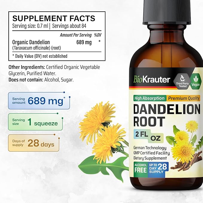 BIO KRAUTER Dandelion Root Extract - Alcohol & Sugar Free Dandelion Tinture - Vegan Supplement for Cleansing & Immunity - 2 Fl. Oz - 28 Days of Supply