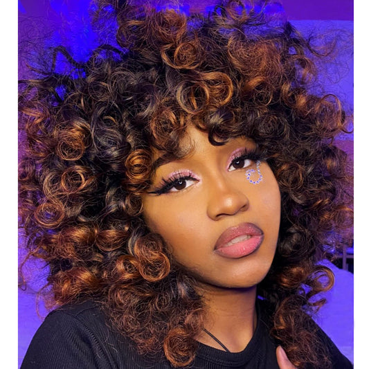 andromeda Curly Wigs for Black Women Brown Short Curly Wig with Bangs Soft Afro Kinky Curly Synthetic Wig for African American Women (T30)