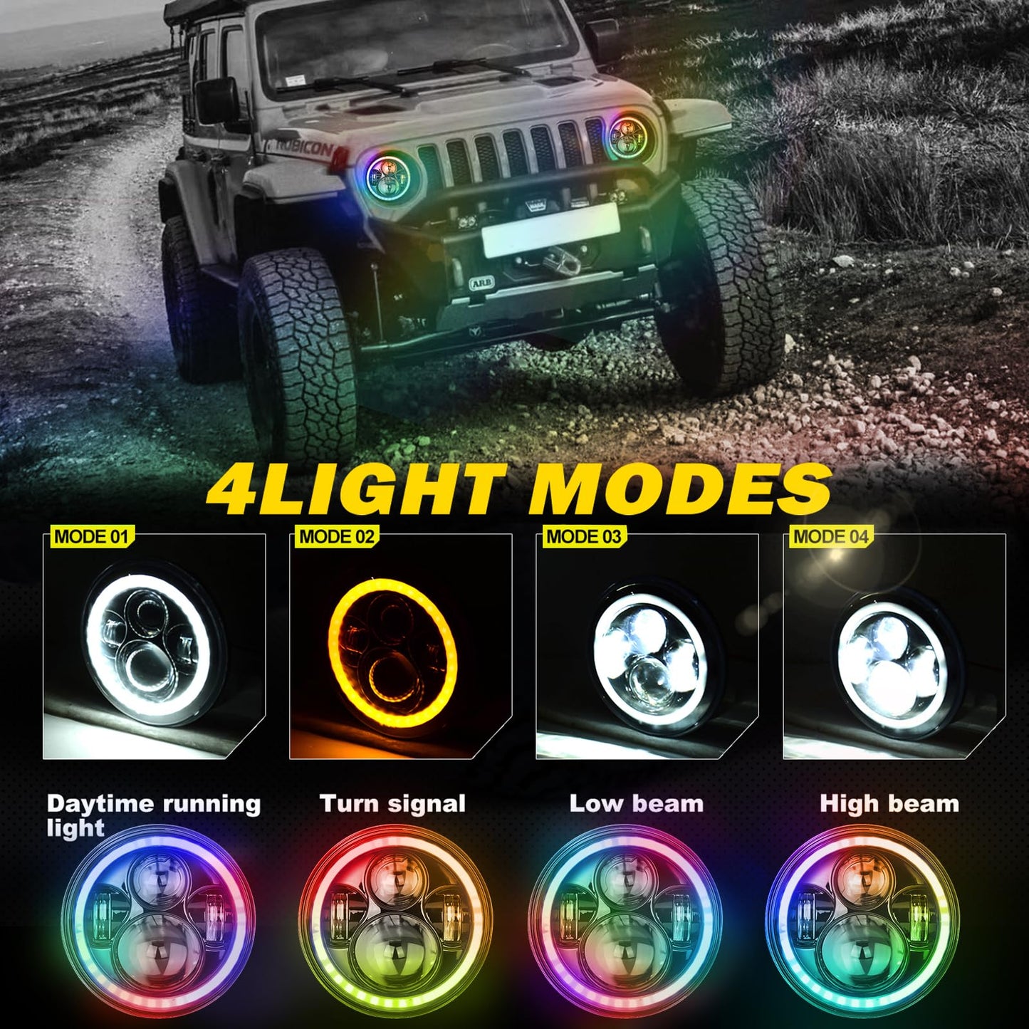 YEEGO DIRECT 7 Inch LED Headlight RGB Halo for Wrangler Headlights & 4 Inch RGB Fog Lights, DOT Approved, Bluetooth APP Control Custom Colors, Compatible with Wrangler 1997-2018 JKU JK TJ LJ