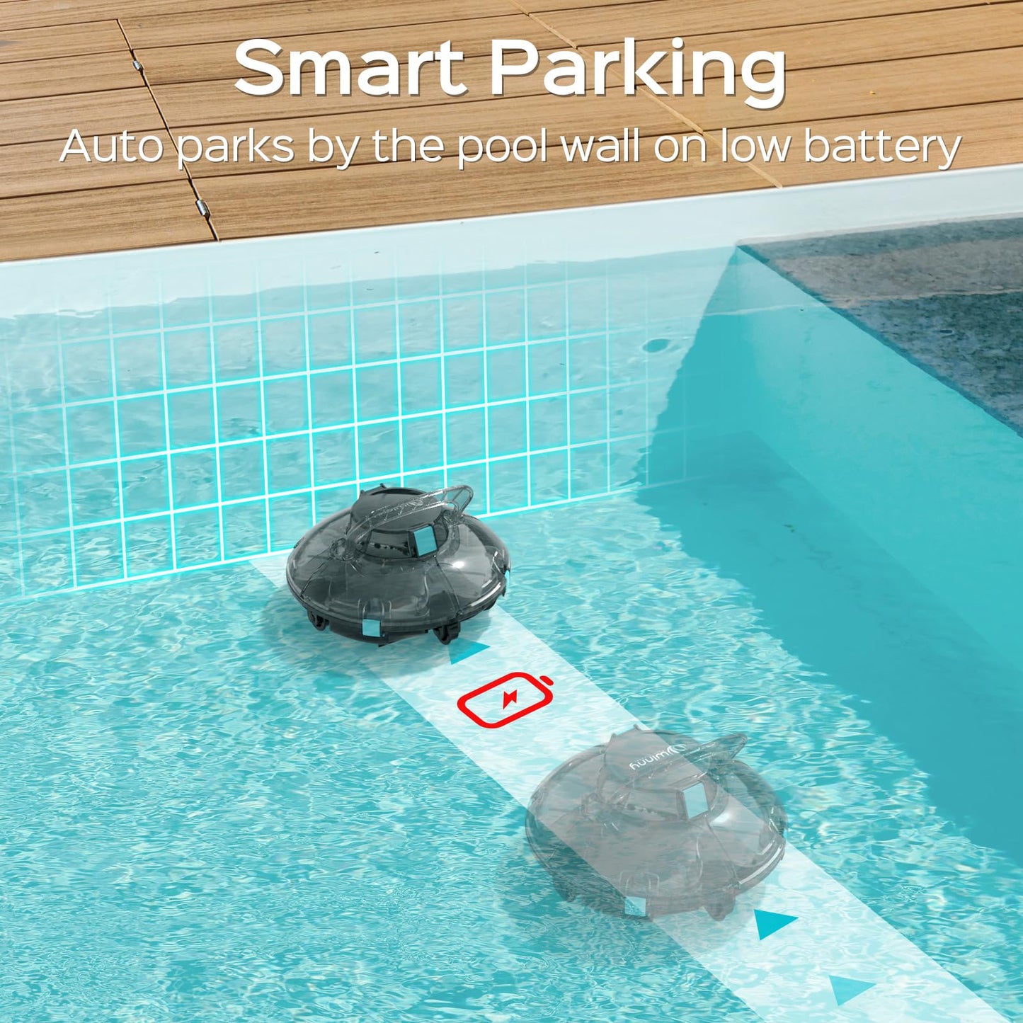 Cordless Robotic Pool Cleaner, Lasts 60 Min, Automatic Vacuum for Above-Ground Pools up to 538 Sq.ft,Portable, Self-Parking,Transparent Black