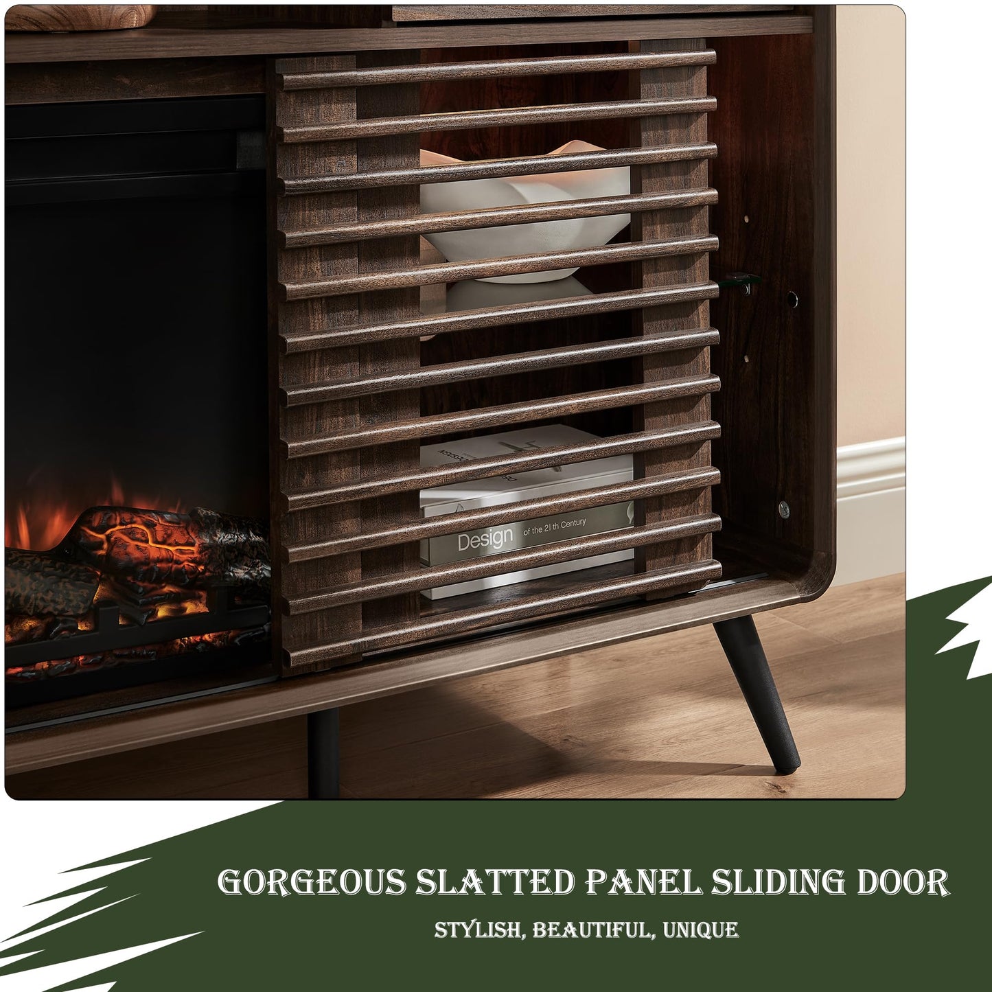 RedLemon Fireplace TV Stand for 80 Inch TV, Mid Century Modern Entertainment Center with 36" Electric Fireplace & Led Lights, Wood Media Console w/Slatted Sliding Doors for Living Room, Dark Walnut