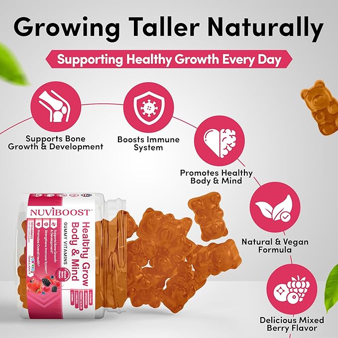 Healthy Grow Height Growth Gummies Rich in Calcium, Vitamins C, D3, K2, L-Arginine, Ashwagandha, and Others, Boost Bone Health & Immunity, Multivitamin, for Kids 5+, Teens and Adults.