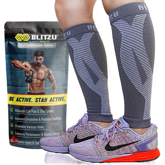 BLITZU Calf Compression Sleeves for Men and Women. Footless Compression Socks Support for Varicose Vein, Nursing, Running. Leg Sleeve Brace for Shin Splints, Pain Relief & Reduces Swelling Gray S-M