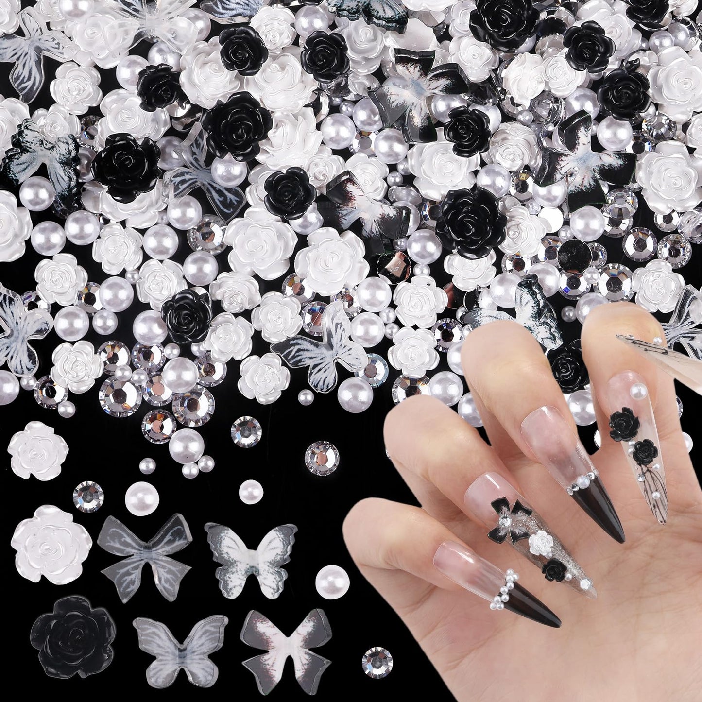 Sinyanail 400pcs Acrylic Butterfly Bow Bear Flower Heart Crown Nail Charms Mixed Starry AB Nail Rhinestones Crystals Gems for Manicure Accessories Designs DIY Crafting Accessories (Heibaihudie)