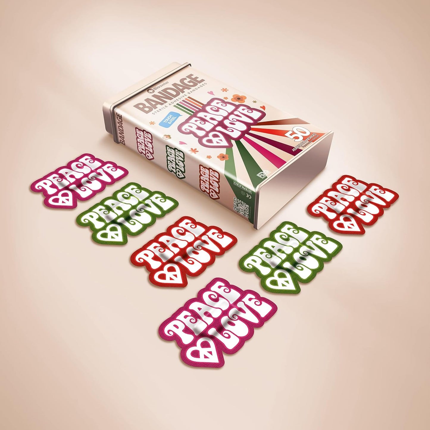 BioSwiss Bandages, Peace and Love Shaped Self Adhesive Bandage, Latex Free Sterile Wound Care, Fun First Aid Kit Supplies for Kids, 50 Count