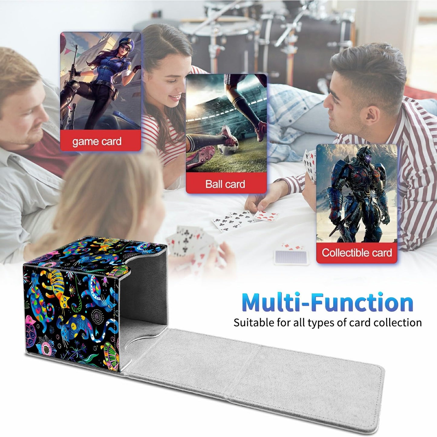 BREIDMKFM Card Deck Box for Trading Cards, MTG Commander Deck Box Fits 100+ Single Sleeved Cards, Leather Magnetic Card Storage Box for YuGiOh TCG CCG Cards, Art Cats