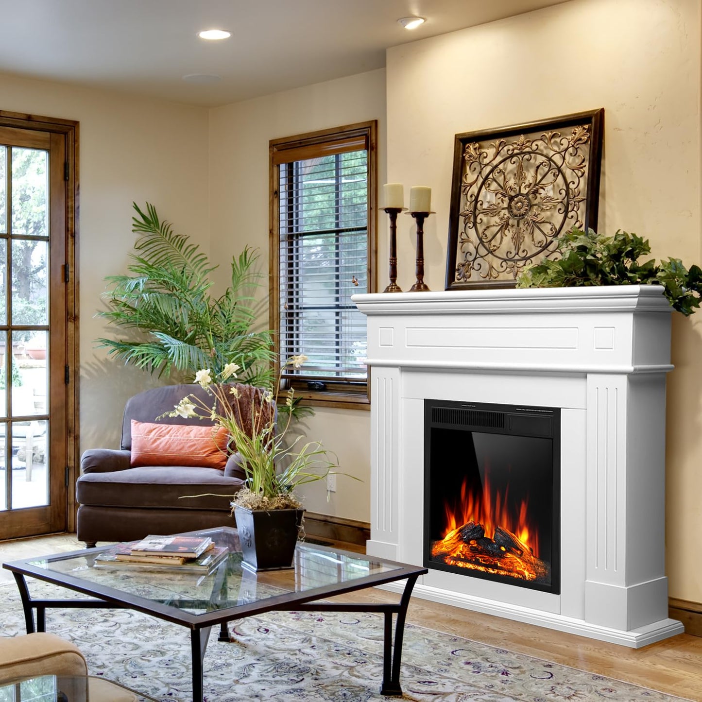 43” Electric Fireplace Mantel Freestanding Electric Fireplace, Remote Control, Adjustable Led Flame, 750W/1500w PEARLWHITE