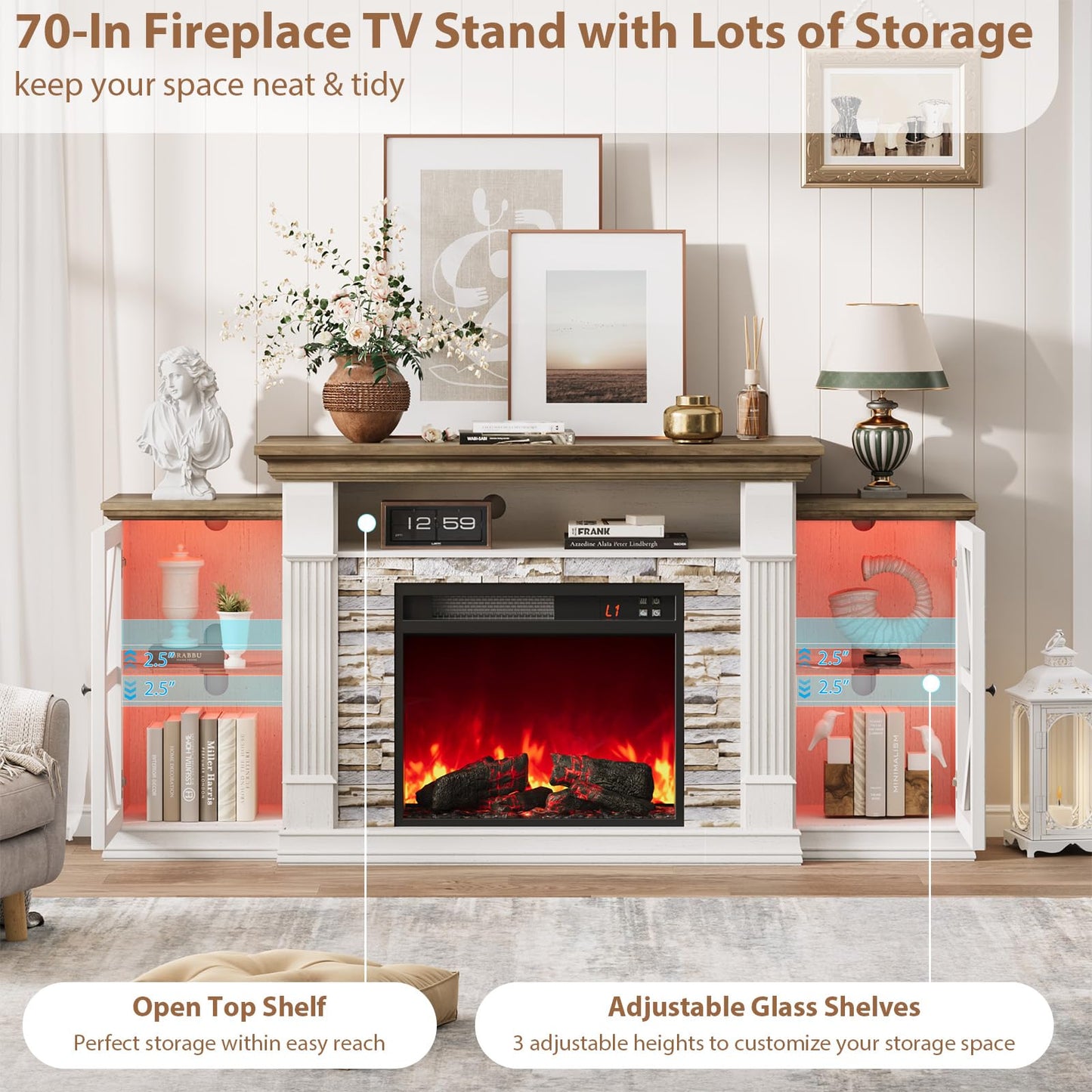 QUW Electric Fireplace TV Stand, 70" Farmhouse Entertainment Center with Open Shelf and Glass Barn Door Cabniet, Modern TV Console Table with 7 Flame Colors for Living Room, Antique White