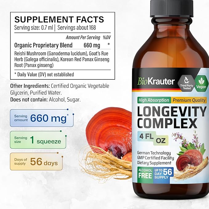 BIO KRAUTER Longevity Mushroom Supplement - Liquid Reishi Mushroom Complex with Goat’s Rue & Red Ginseng Root Extract - Vegan Tincture - Alcohol & Sugar Free Drops 4 Fl.Oz.
