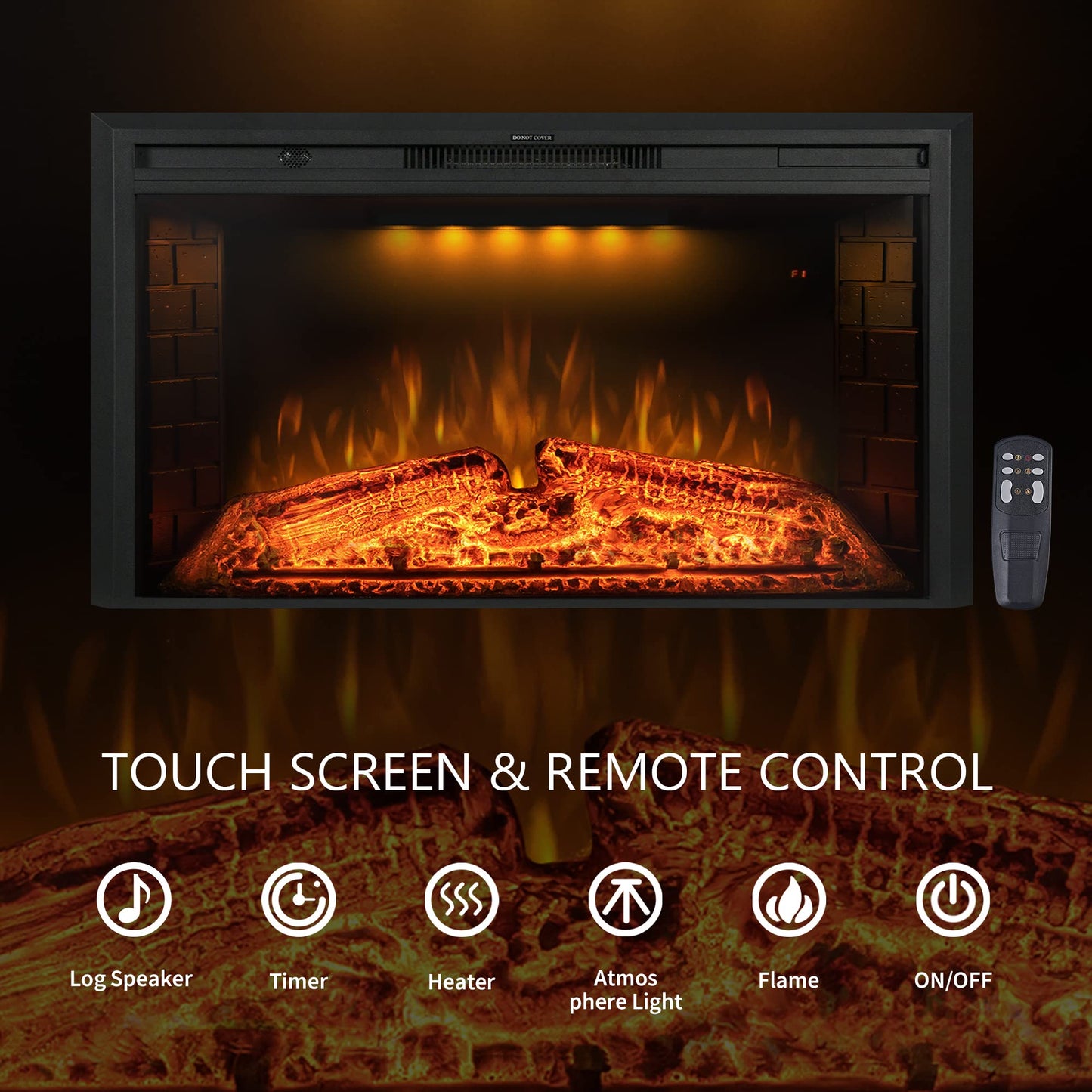 Benrocks 36'' Electric Fireplace Inserts, Recessed & Built in Wall Electric Fireplace Heater with Fire Crackling Sound, Adjustable Top Light & Flame Speed, Overheating Protection, 750/1500W Black