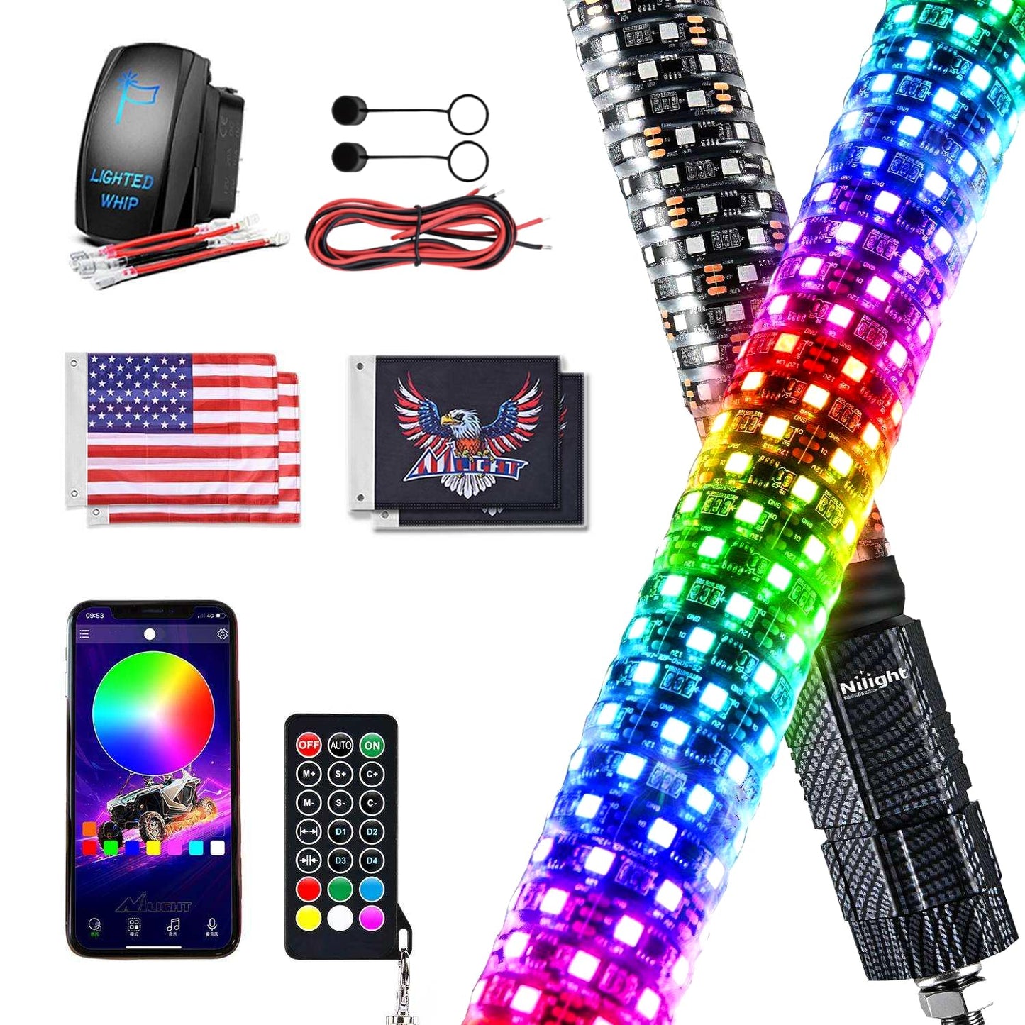 Nilight LED Fat Whip Light 2PCS 3FT RGB Lighted Antenna Whips with Remote & App Control DIY Chasing Patterns Brake Reverse Turn Lights for ATV UTV Polaris RZR Can-am Dune Buggy Pickup Trucks Jeep