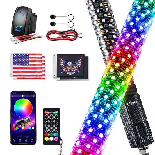Nilight LED Fat Whip Light 2PCS 3FT RGB Lighted Antenna Whips with Remote & App Control DIY Chasing Patterns Brake Reverse Turn Lights for ATV UTV Polaris RZR Can-am Dune Buggy Pickup Trucks Jeep