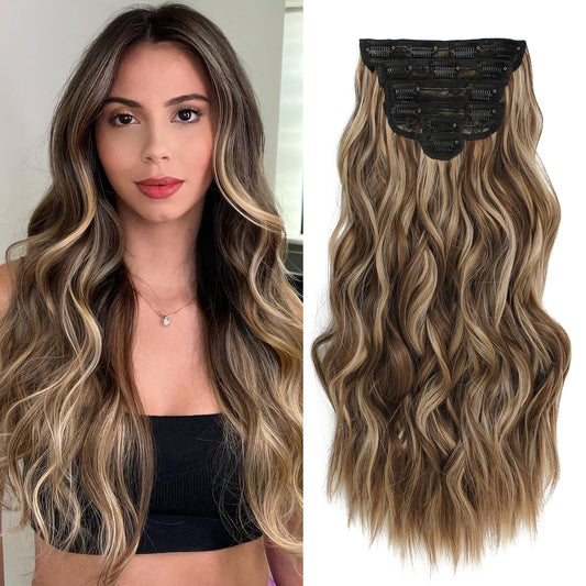 Fliace Highlight balayage dark brown Hairpieces, Natural & Blends Well Clip in Hair Extensions (20inch, 6pcs, Chocolate Brown&Honey Blonde)
