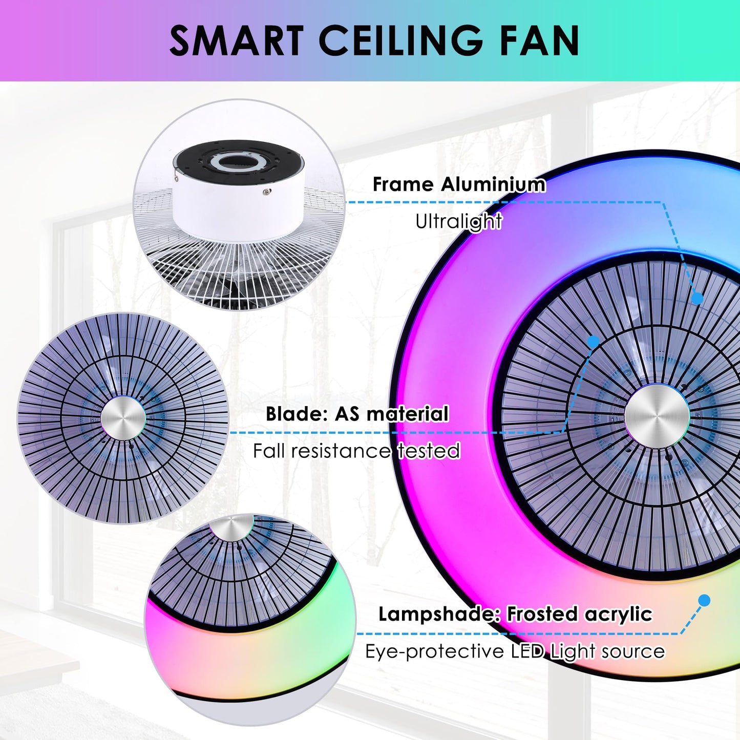 HUMHOLD 24" Bladeless Ceiling Fans with Lights and Remote/APP/Voice Control, Low Profile Ceiling Fan with RGB Lights, Enclosed Flush Mount Ceiling Fan for Kid's Bedroom/Living Room