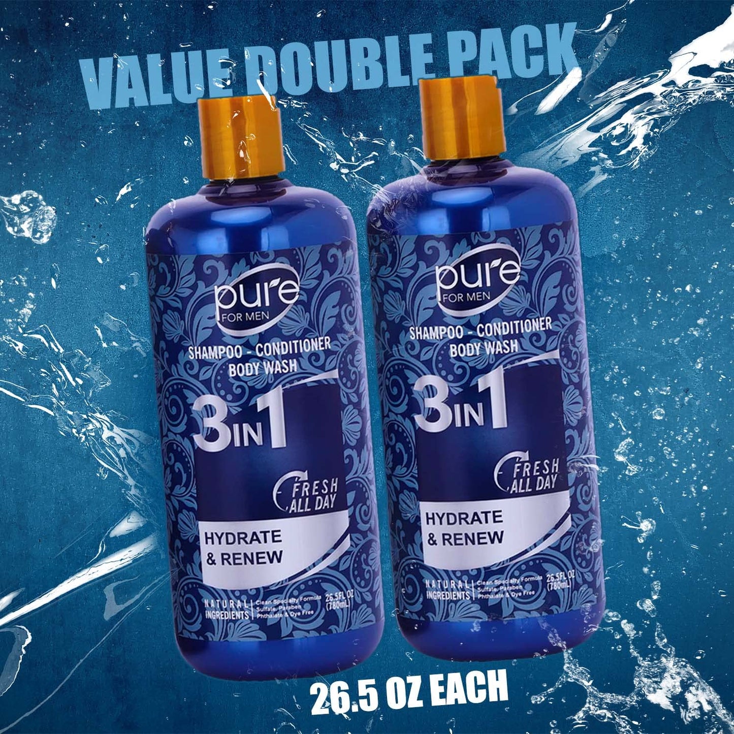 3-in-1 Men's Shower Gel, Shampoo and Face Wash - Paraben & Sulfate Free, Keeps You Fresh All Day! 2 Pack.