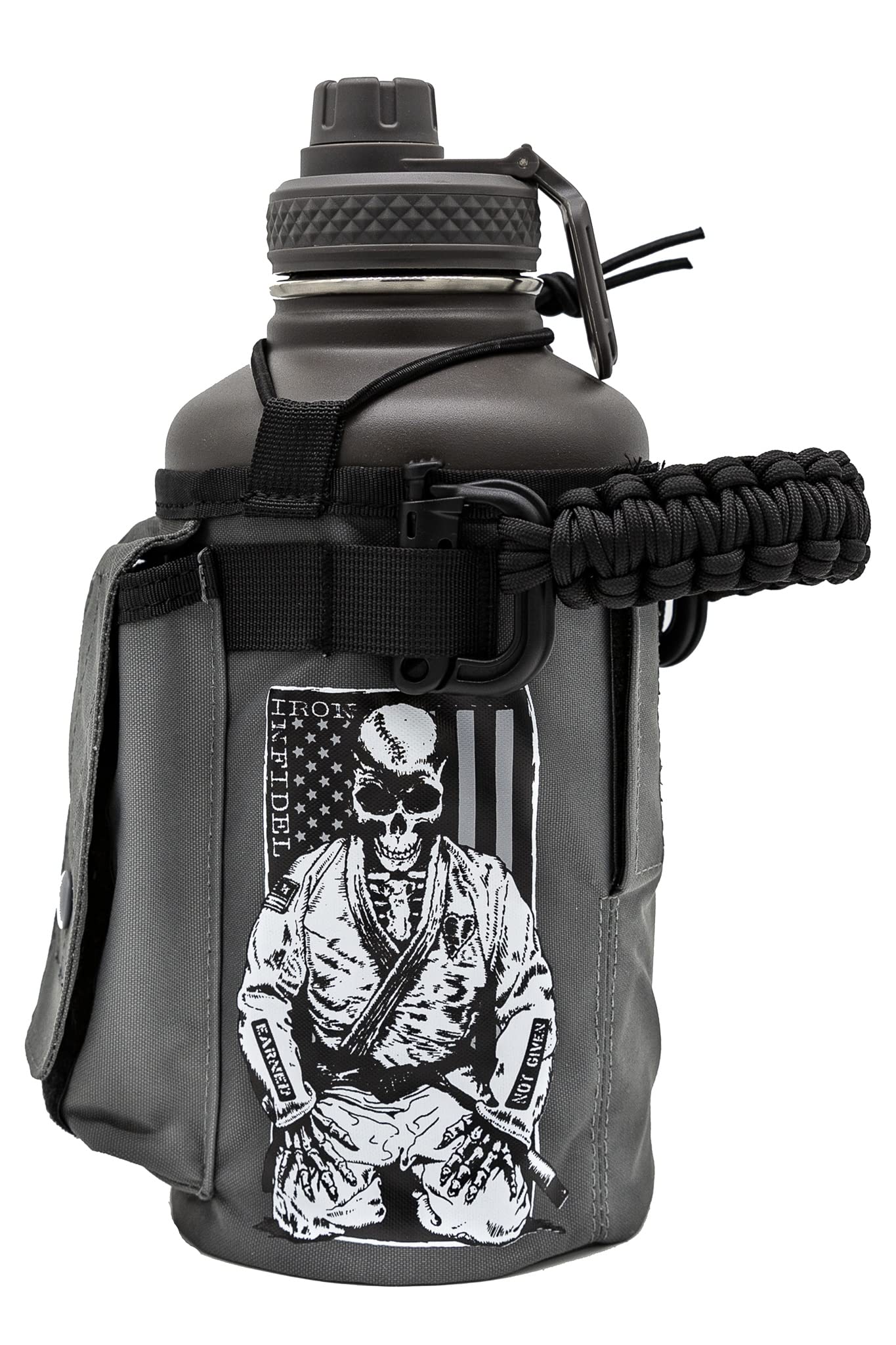 Iron Infidel Battle Bottle - Half Gallon Water Bottle Insulated, 64 oz Stainless Steel Water Jug with Handle - Gym Water Bottle for Men with Rugged Sleeve for Storage (Earned, Not Given 2 Liter)