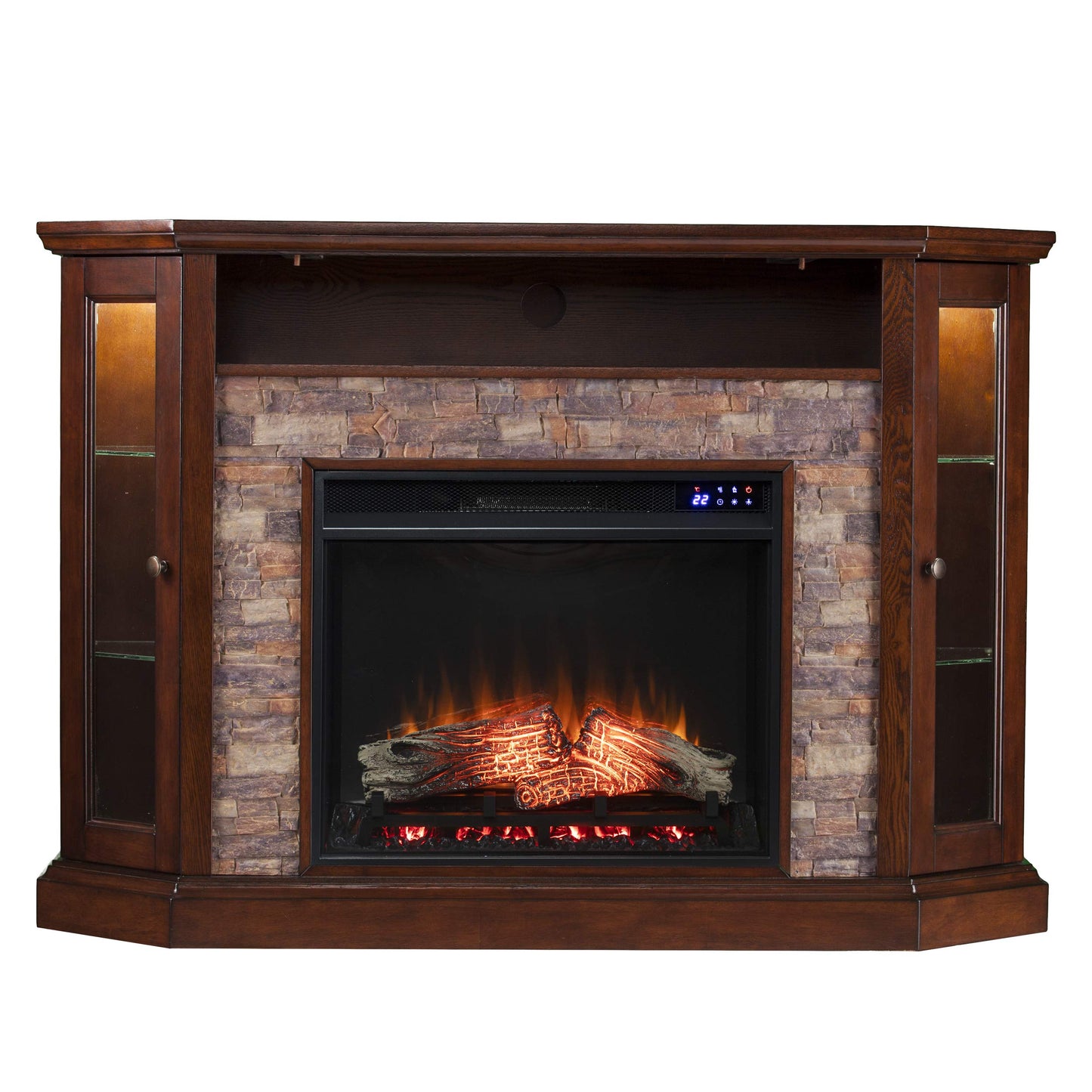 SEI Furniture Redden Faux Stone Corner Convertible Electric Fireplace with Media Storage, New Espresso