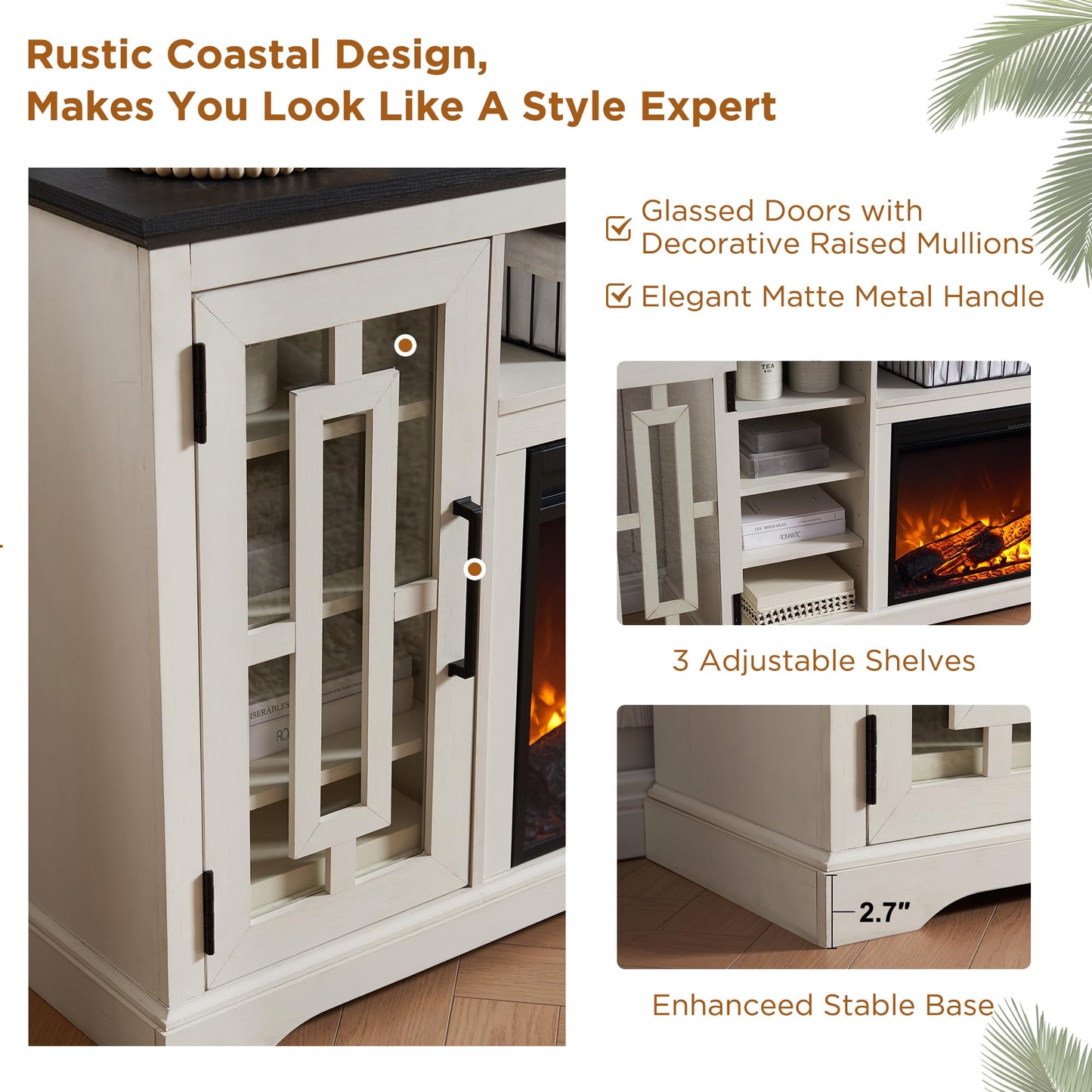 JXQTLINGMU Farmhouse Fireplace TV Stand with 36" Electric Fireplace for 80 Inch TV, 32" Tall Entertainment Center, Modern Media Console, 6 Shelves Storage Cabinet for Living Room, Distressed White