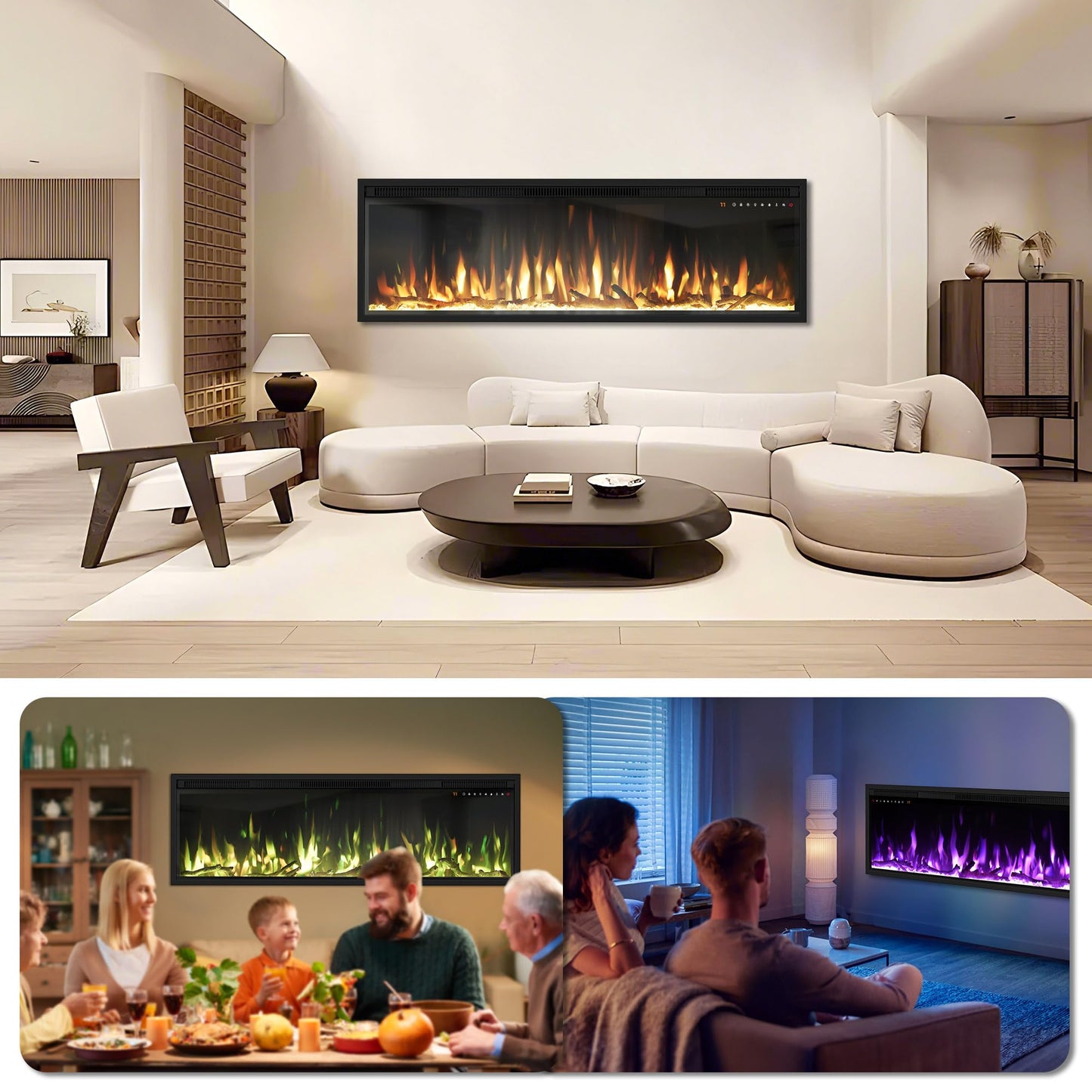 Riseon 36 Inch Electric Fireplace Heater, Recessed in-Wall and Wall-Mounted Linear Heater Fireplace,13 Adjustable Flame Color and 5 Brightness,Touch Screen & Remote Control,1500/750W, Black