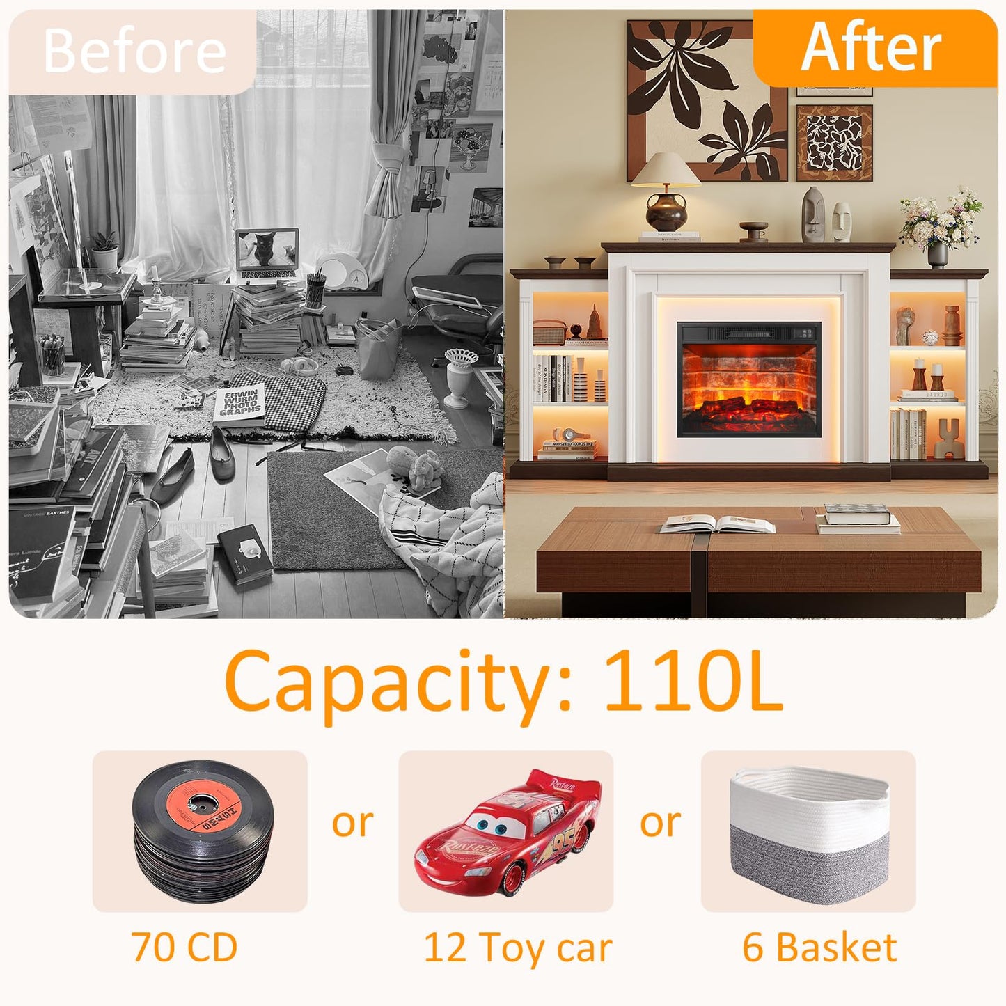 72" LED Electric Fireplace with Mantel, Fireplace TV Stand for 80 Inch TV, Entertainment Center with 23'' Red Brick Fireplace, Delicate Three-Dimensional Molding with Remote Control for Living Room