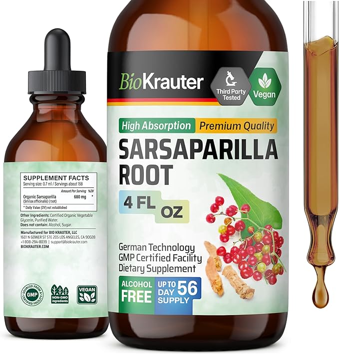BIO KRAUTER Sarsaparilla Root Tincture - Herbal Liquid Extract Supplement for Liver Support - Alcohol & Sugar Free Sarsaparilla Extract - Vegan Drops 4 Fl.Oz.