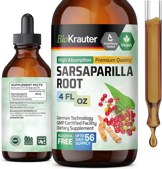 BIO KRAUTER Sarsaparilla Root Tincture - Herbal Liquid Extract Supplement for Liver Support - Alcohol & Sugar Free Sarsaparilla Extract - Vegan Drops 4 Fl.Oz.