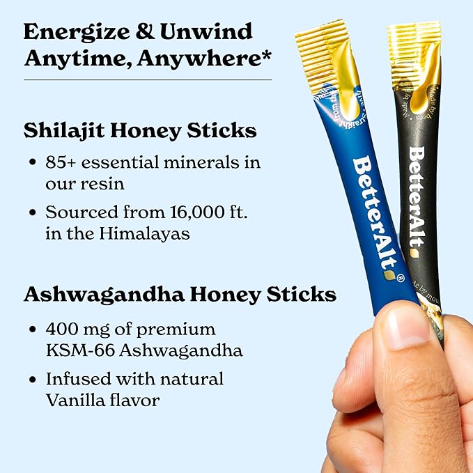 Better Alt Ashwagandha & Classic Shilajit Honey Sticks | KSM-66 Ashwagandha, Pure Himalayan Shilajit with Organic Multiflora Honey & Saffron | 60 Sticks |Energy & Immune Support Supplement (Classic + Ashwagandha)