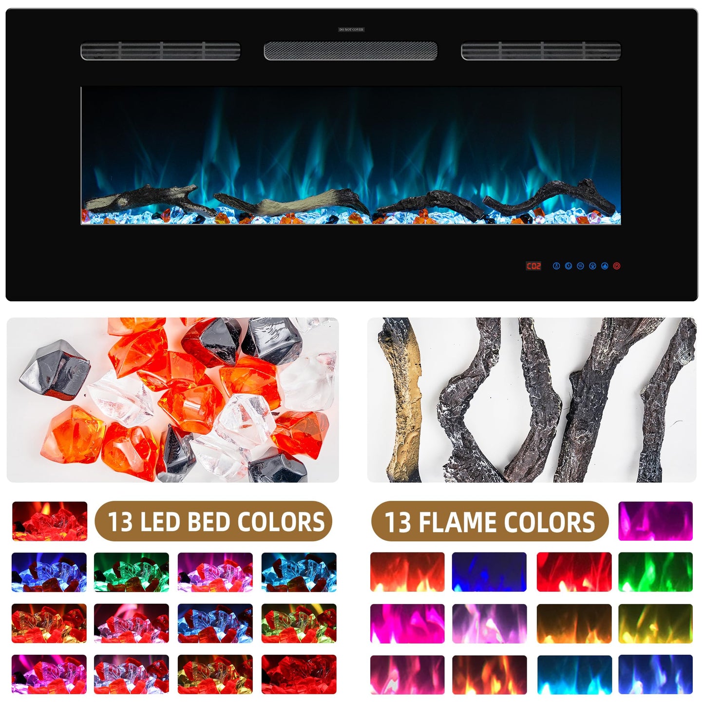 Kentsky 33 inches Electric Fireplace Inserts, Recessed and Wall Mounted Fireplace Heater, Linear Fireplace w/Thermostat, Remote & Touch Screen, Multicolor Flame, Timer, Log & Crystal, 750W/1500W