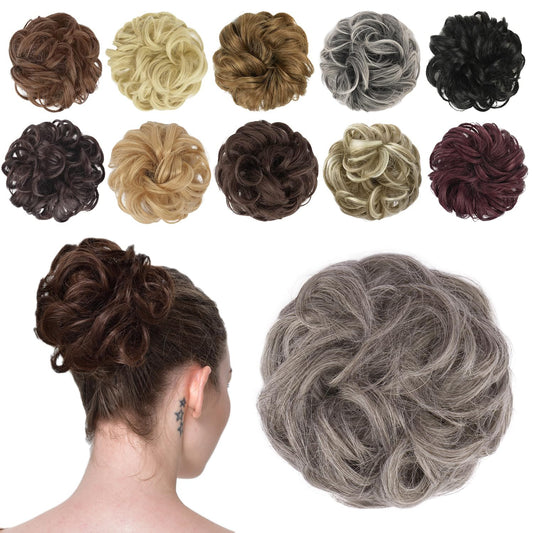 FESHFEN Messy Bun Hair Piece - Elastic Wavy Curly Hair Bun Scrunchies Extensions Synthetic Chignon Hairpieces for Women Girls, Salt and Pepper 1 PCS