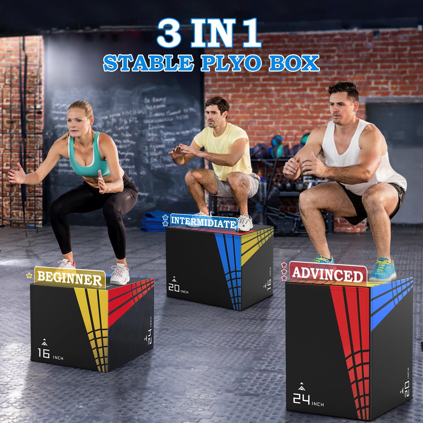 3-In-1 Foam Plyometric Jump Box,Stable Plyo Box Covered with 3MM Anti-Slip Particles,24”x20”x16”Stable Box Jumps for Home Gym Fitness Workout Training,440lb Weight Capacity