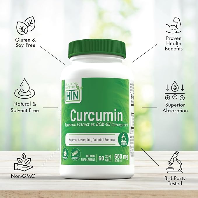 Health Thru Nutrition Curcumin 650mg BCM-95 Curcugreen | Turmeric Curcumin Complex | High Absorption | Healthy Inflammation Response | Clinically Studied | 3rd Party Tested | Non-GMO (Pack of 60)