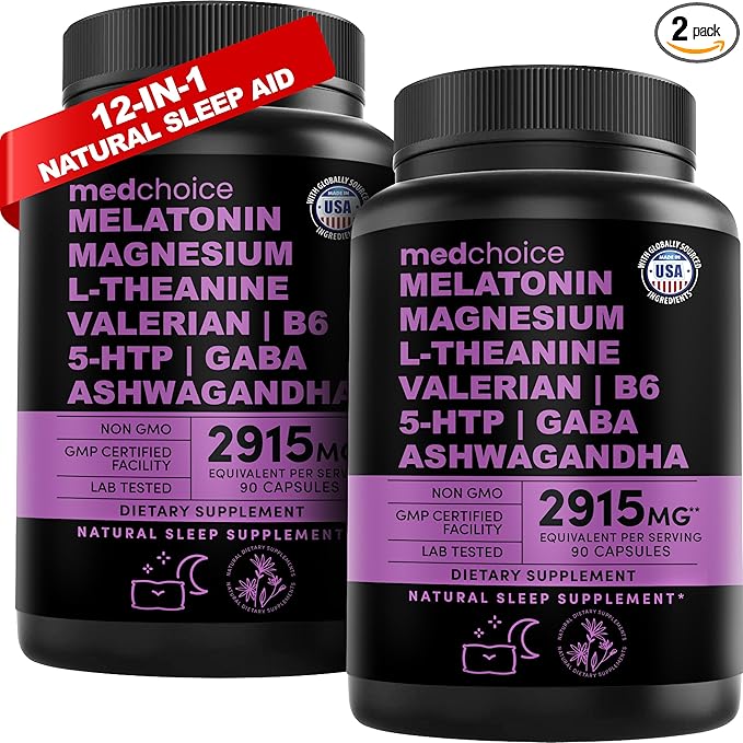 12-in-1 Melatonin Sleep Capsules - Natural Sleep Aids for Adults with Melatonin 5mg and Magnesium Glycinate 500mg, Sleep Aid with Ashwagandha, L Theanine, Valerian Root, GABA, 5-HTP (90ct, Pack of 2)