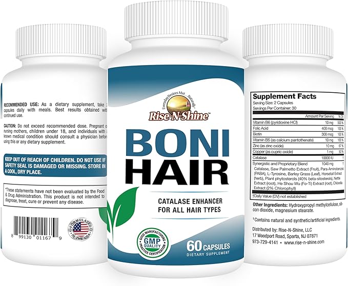 BoniHair Catalase Supplement for Vibrant, Youthful Hair Support- 10,000 IU Catalase with Saw Palmetto, Biotin, Fo-Ti, PABA - 60 Capsules
