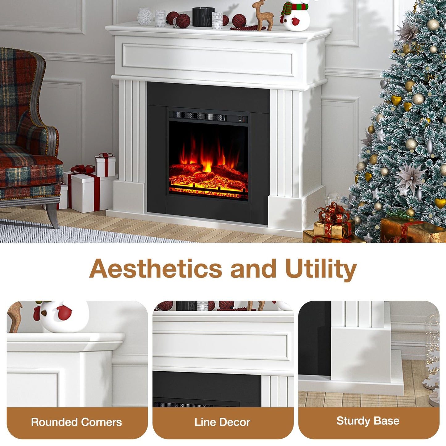 oneinmil Electric Fireplace with Mantel, Fireplace TV Stand with 18’’ Electric Fireplace Heater, 3D Realistic Flame, Freestanding Fireplace for Living Room, Bedroom, White