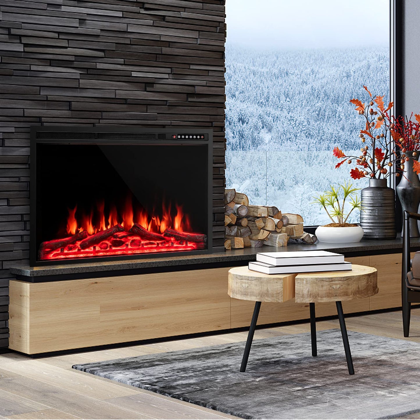 COSTWAY 37-Inch Electric Fireplace, Wall-Mounted and Recessed Fireplace Heater with 4 Flame and Log Colors, 5-Level Flame Speed and Brightness, Remote Control, 8H Timer, Overheat Protection, 1500W